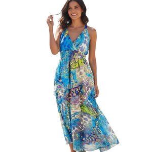 Signature JMB Maxi Dress Womens M Teal Tropical Chiffon Tiered Gown